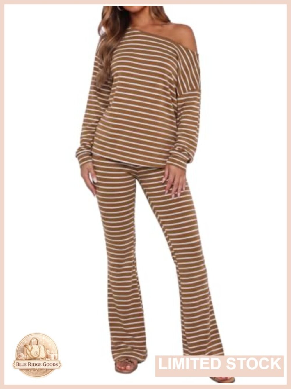 Fisoew Women 2 Piece Outfits Striped Off Shoulder Long Sleeve Top Pants Set